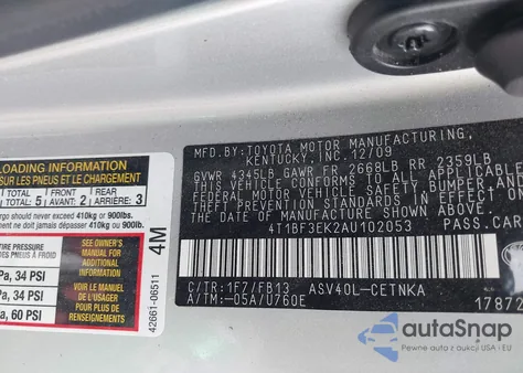 2010 Toyota Camry Le from USA, damaged, VIN 4T1BF3EK2AU102053
